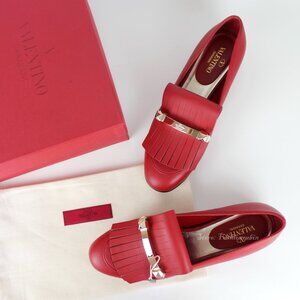 NEW VALENTINO GARAVANI Rockstud Fringed Leather Loafers, EU 37.5 Red, New in Box